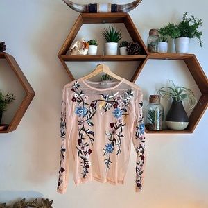 Zara Pink Mesh Floral Sheer Embroidered Blouse